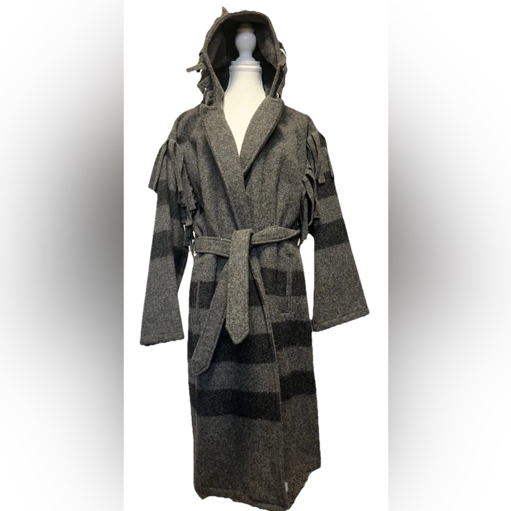 WOOLRICH Gray Capote Fringe BLANKET Coat NWT RARE Sz S pockets belt unisex hood